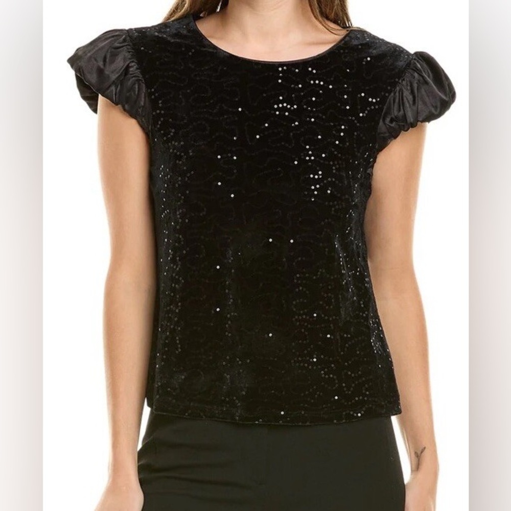 Nanette Lepore Black Velvet Sequin Puff Sleeve Blouse